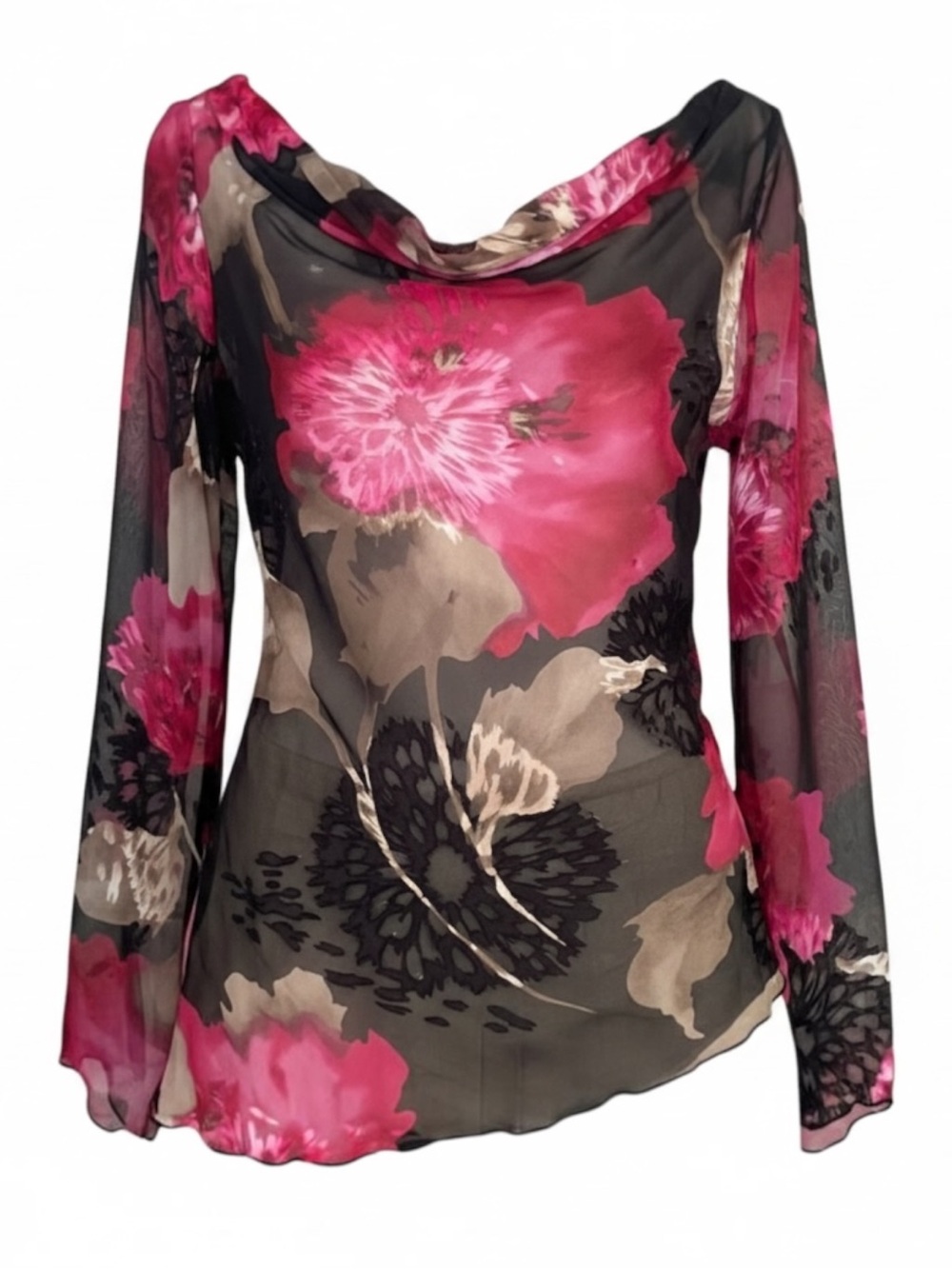 Vintage  Y2K Silk Blend Luminous Floral Bell Sleeve Fairy Top Blk SZ M